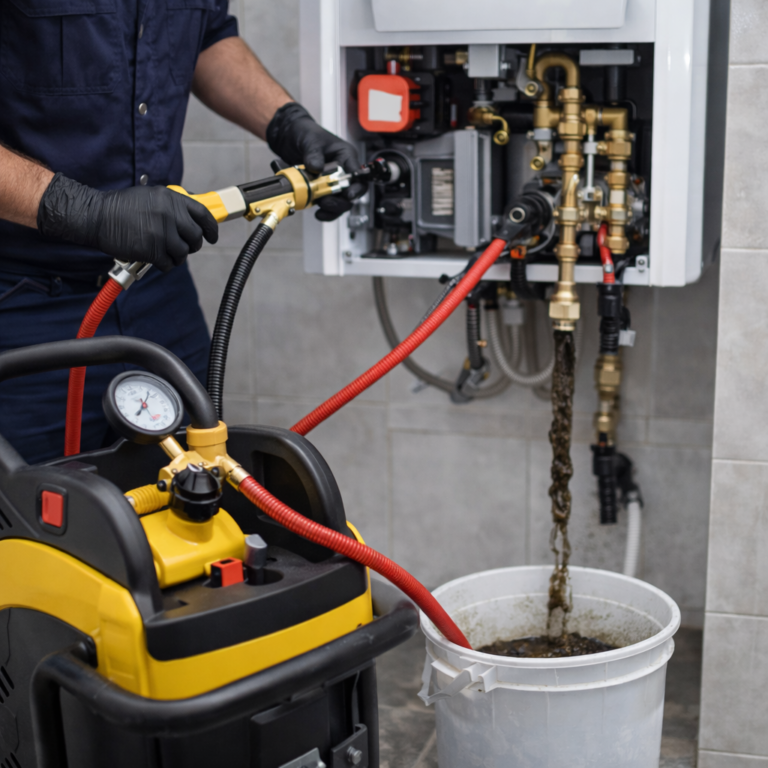 Kombi tesisatında biriken tortuların makine ile temizlenmesi işlemi