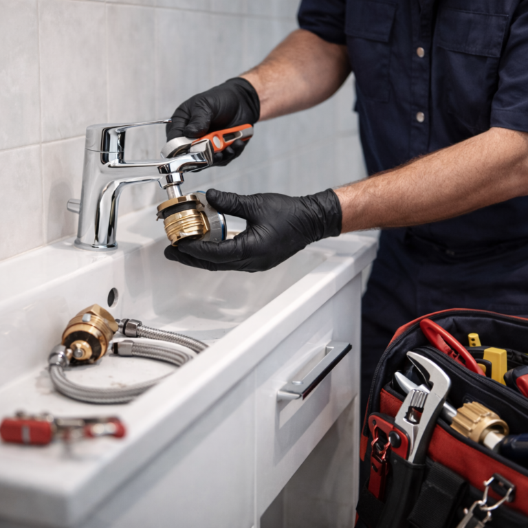 Musluk ve batarya değişimi sırasında yapılan profesyonel tesisat uygulaması