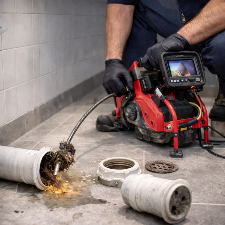 Robotlu cihazla gider tıkanıklığı açma işlemi yapan profesyonel tesisat hizmeti